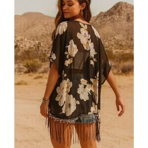 Pia Rossini Black Floral Kimono Seashell Tassels One Size Resortwear Boho Shawl
